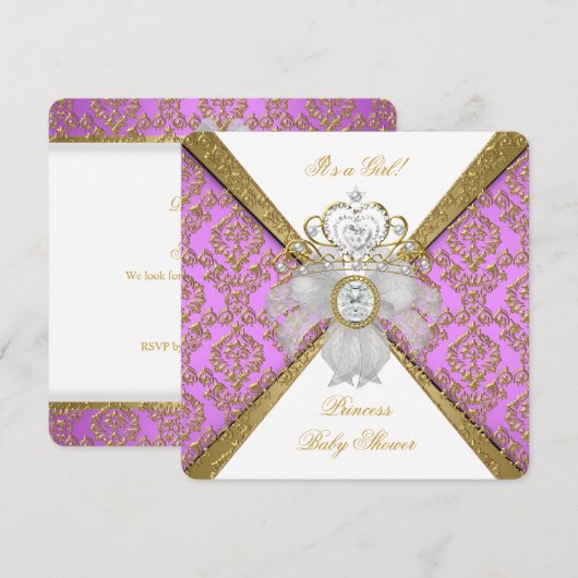 Baby shower Girl White Paarse Princess Damask Kaart (Voorkant / Achterkant)