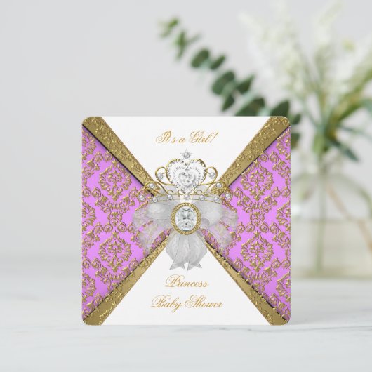 Baby shower Girl White Paarse Princess Damask Kaart (Staand voorkant)