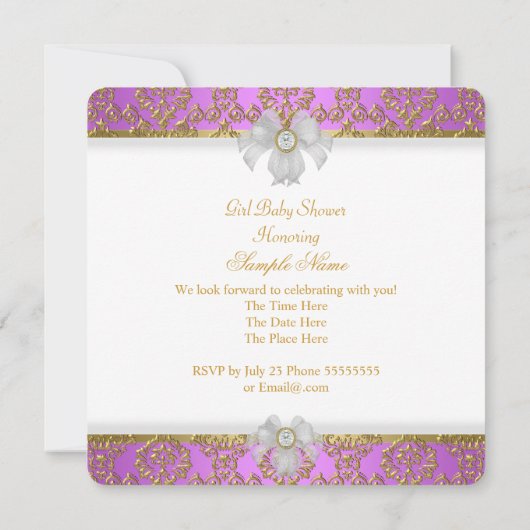 Baby shower Girl White Paarse Princess Damask Kaart (Achterkant)
