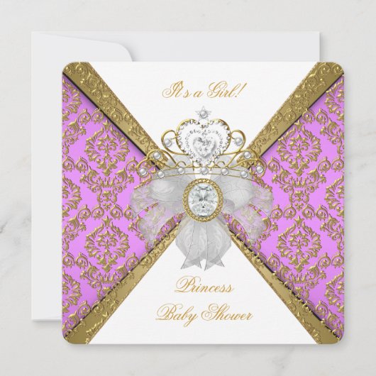 Baby shower Girl White Paarse Princess Damask Kaart (Voorkant)