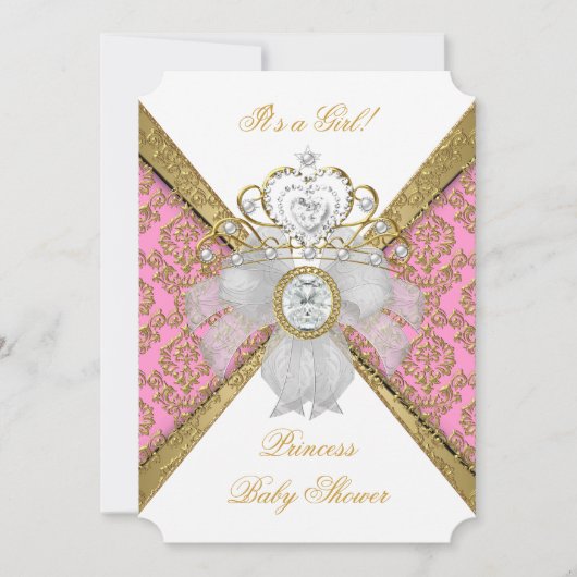 Baby shower Girl White Pink Princess Damask 2 Kaart (Voorkant)