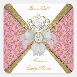 Baby shower Girl White Pink Princess Damask Vierkante Sticker