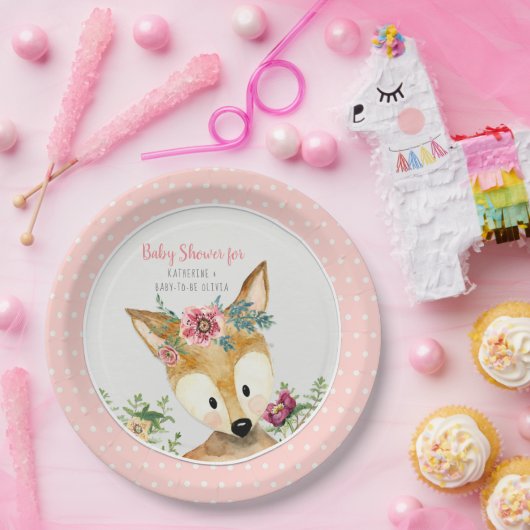 baby shower Girl Woodland Animals Boho Deer Floral Papieren Bordje (Feest)