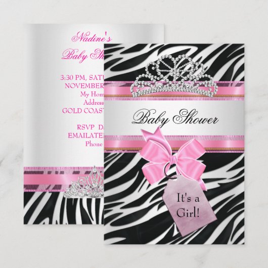 Baby shower Girl Zebra Pink Princess Tiara Kaart (Voorkant / Achterkant)