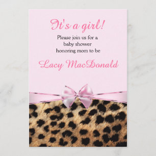 baby shower Girls Pink Bow Leopard Cheetah Invite Kaart