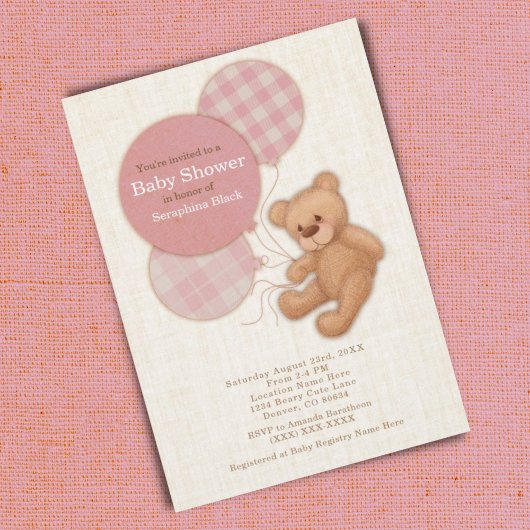 Baby shower Girls Pink Teddy Bear Kaart