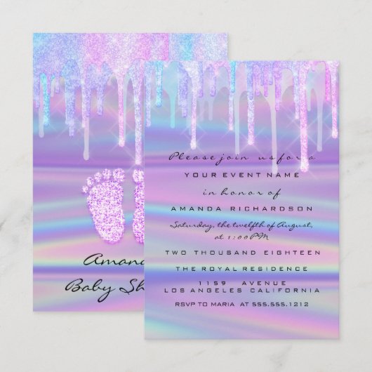 Baby shower Girly Feet Drift Holograaf Paars Pink Kaart (Voorkant / Achterkant)
