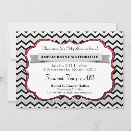 Baby shower Glitter Black Red Chevron Kaart (Voorkant)