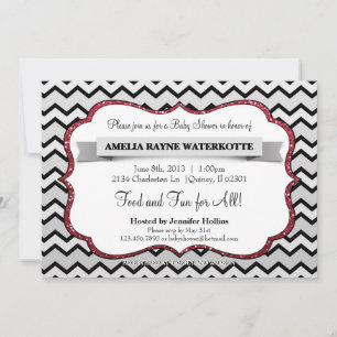 Baby shower Glitter Black Red Chevron Kaart