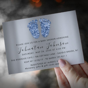 Baby shower Glitter Blue Feet Grey Boy Girl Kaart