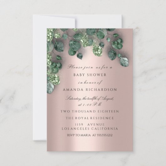 Baby shower Glitter Feet Roos Eucalyptus Greenery Kaart (Voorkant)