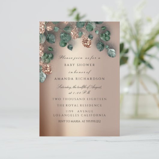 Baby shower Glitter Feet Roos Glitter Eucalyptus Kaart (Staand voorkant)