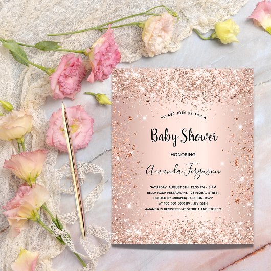 Baby shower glitter roos blush budget uitnodiging flyer