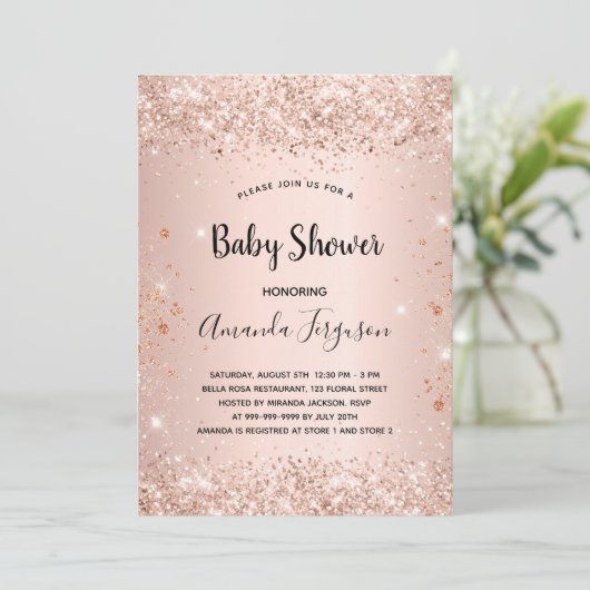 Baby shower glitter roos goud metaalmeisje kaart (Staand voorkant)