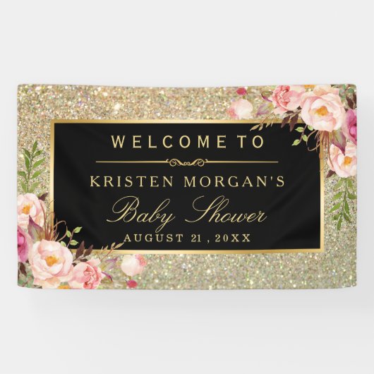 Baby shower Glitter Sparkles Pink Floral Spandoek (Horizontaal)