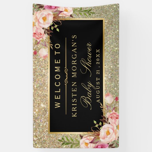 Baby shower Glitter Sparkles Pink Floral Spandoek (Verticaal)