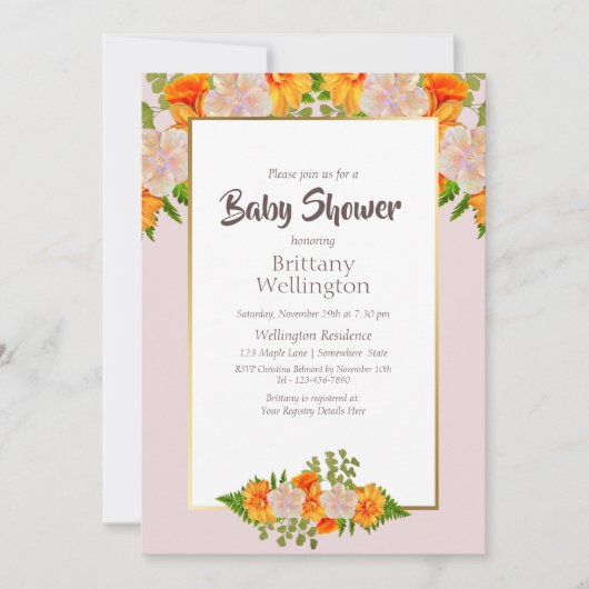 Baby shower Gold Blush Roze Oranje Floral Kaart (Voorkant)