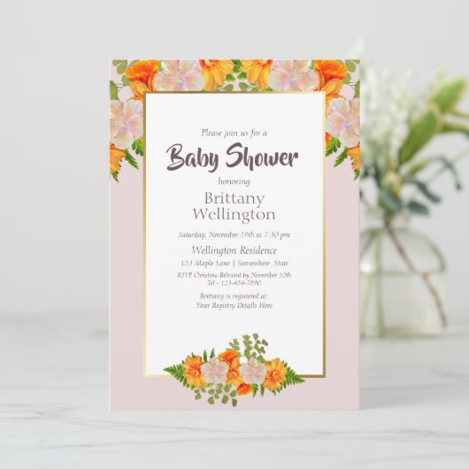 Baby shower Gold Blush Roze Oranje Floral Kaart (Staand voorkant)