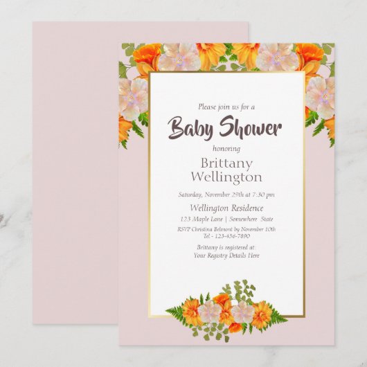 Baby shower Gold Blush Roze Oranje Floral Kaart (Voorkant / Achterkant)
