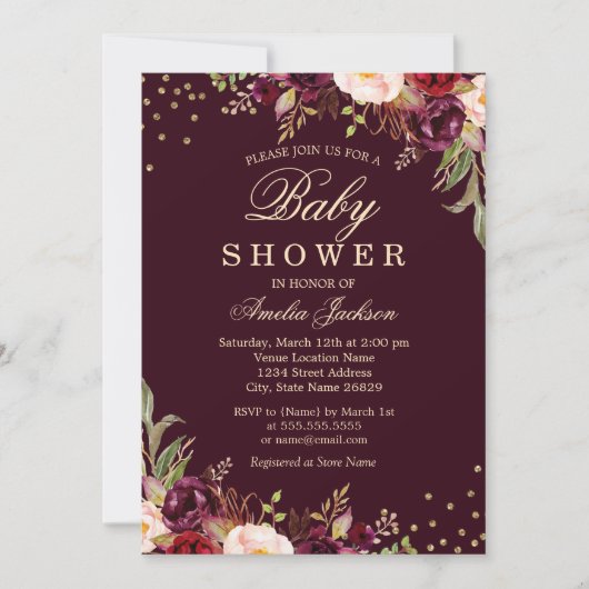 Baby shower Gold Bourgogne floral Sparkle Kaart (Voorkant)