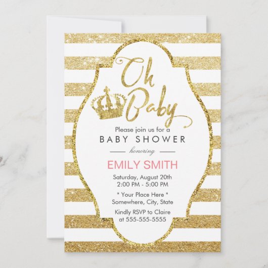 Baby shower Gold Crown Modern Gold Glitter Stripes Kaart (Voorkant)