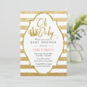 Baby shower Gold Crown Modern Gold Glitter Stripes Kaart (Staand voorkant)