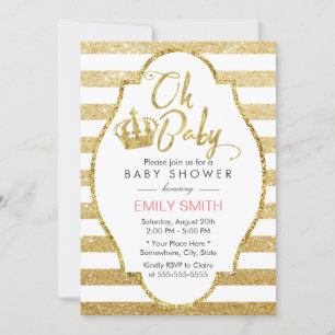 Baby shower Gold Crown Modern Gold Glitter Stripes Kaart