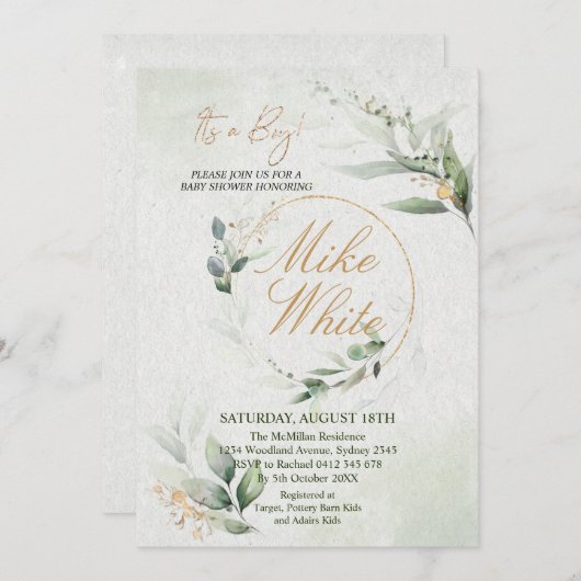 Baby shower Gold en Green Design - Het is een Boy  Kaart (Voorkant / Achterkant)