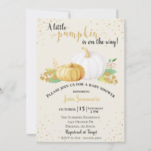 Baby shower Gold Glitter White Pumpkin Herfst herf Kaart (Voorkant)