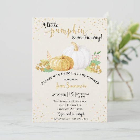 Baby shower Gold Glitter White Pumpkin Herfst herf Kaart (Staand voorkant)