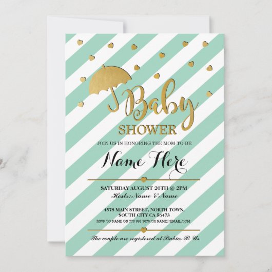 baby shower Gold Mint Umbrella Hearts Invite Kaart (Voorkant)