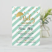 baby shower Gold Mint Umbrella Hearts Invite Kaart (Staand voorkant)