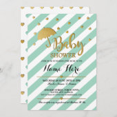 baby shower Gold Mint Umbrella Hearts Invite Kaart (Voorkant / Achterkant)
