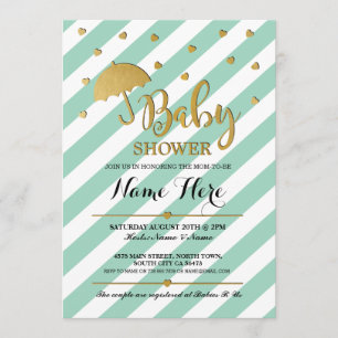 baby shower Gold Mint Umbrella Hearts Invite Kaart