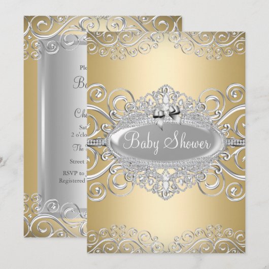  Baby shower Gold & Silver Damask Princess Kaart (Voorkant / Achterkant)
