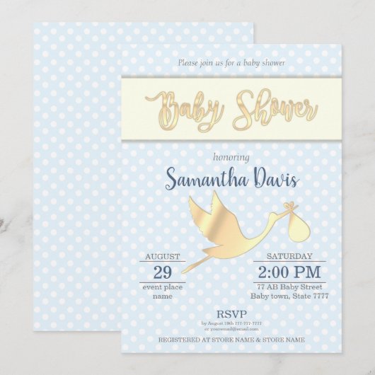 Baby shower Golden Stork Baby Kaart (Voorkant / Achterkant)