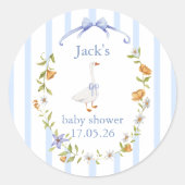 Baby shower goose blue ronde sticker (Voorkant)