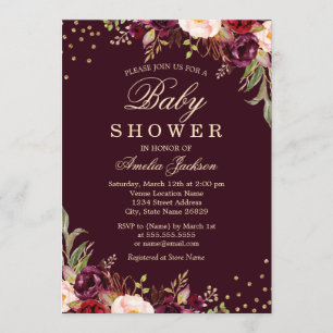 Baby Shower Goud Bordeaux bloemrijke Glans Kaart