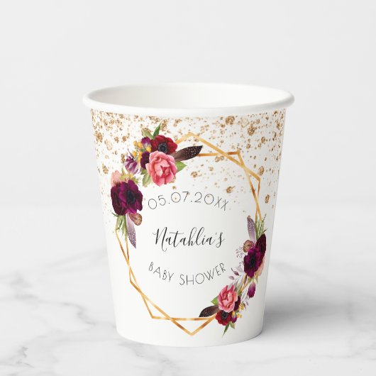 Baby shower goudbruine bruinbloemigen glitter papieren bekers (Achterkant)