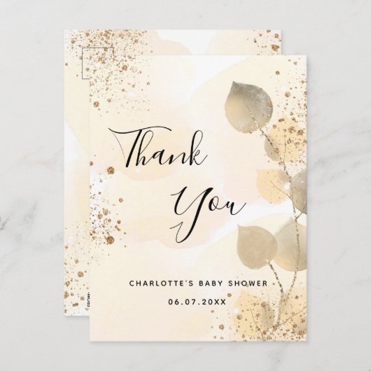 Baby shower gouden eucalyptus glitter dank u briefkaart (Voorkant / Achterkant)