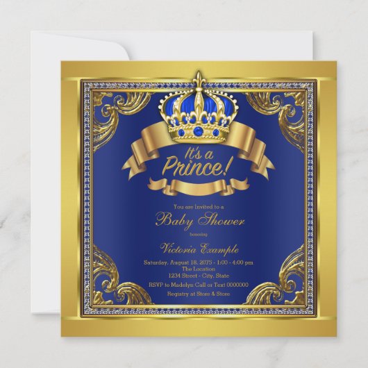 Baby shower gouden kroonkoninklijk blauw prins kaart (Voorkant)