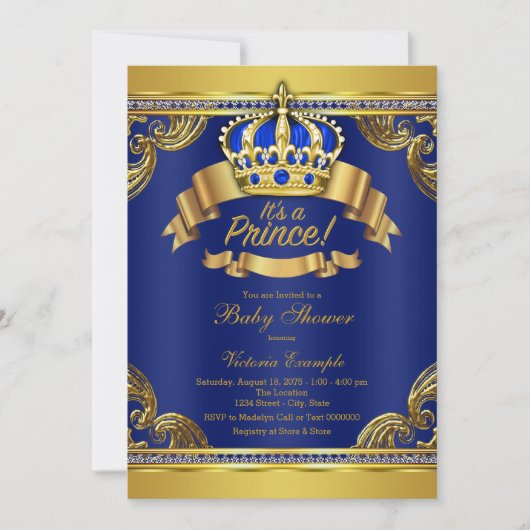 Baby shower gouden kroonkoninklijk blauw prins kaart (Voorkant)