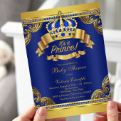 Baby shower gouden kroonkoninklijk blauw prins kaart