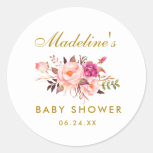 Baby shower Gouden Waterverf Roze Blush Bloemen Ronde Sticker