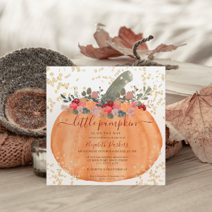 Baby shower goudglitter oranje pompoen waterverf kaart