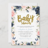 Baby shower goudparen met gouden scriptnavy blush  kaart (Voorkant)