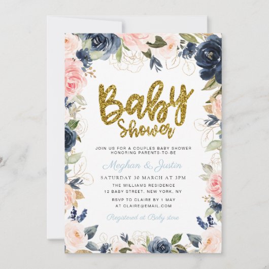 Baby shower goudparen met gouden scriptnavy blush  kaart (Voorkant)