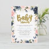Baby shower goudparen met gouden scriptnavy blush  kaart (Staand voorkant)