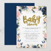 Baby shower goudparen met gouden scriptnavy blush  kaart (Voorkant / Achterkant)