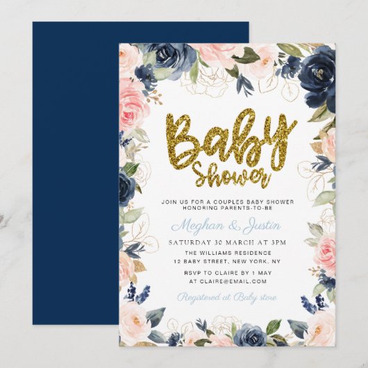 Baby shower goudparen met gouden scriptnavy blush  kaart (Voorkant / Achterkant)